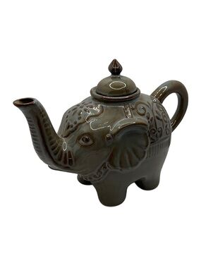 Pier 1 Glazed Elephant Ceramic Teapot in Gray and Brown